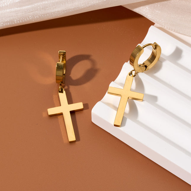 Pendientes Largos En Oro 18K Con Colgante De Cruz Clásico, Diseño Sencillo