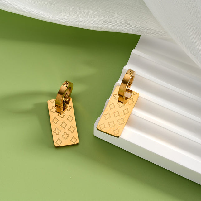 Pendientes Rectangulares Con Colgante Estampado, Aretes Elegante Chapados En 18K Oro