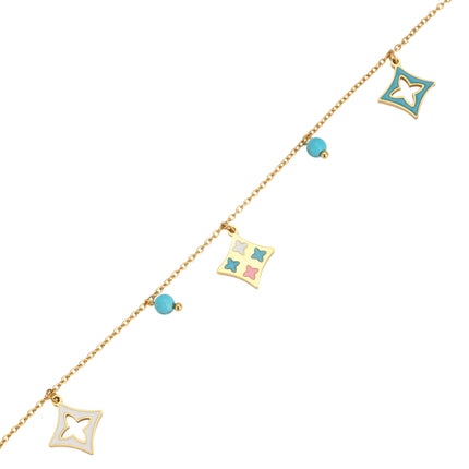 Pulsera De Acero 14K Con Colgantes De Turquesa Azul Y Formas Cuadradas