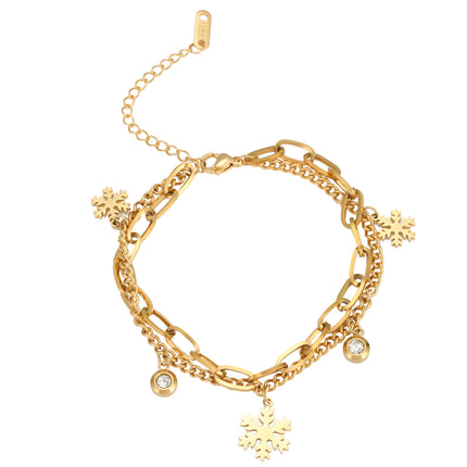 Pulsera Doble Capa Dorada  Con Colgante De Copo De Nieve, En Acero