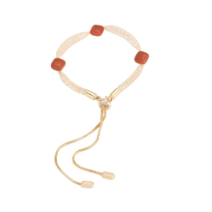 Pulsera De Cobre Con Cadena De Malla Metálica Y Piedra Roja Mujer