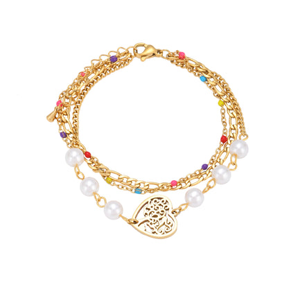 Pulsera Con Diseño De Tres Capas En Corazón Y Perlas De Cobre Chapado En Oro 14K