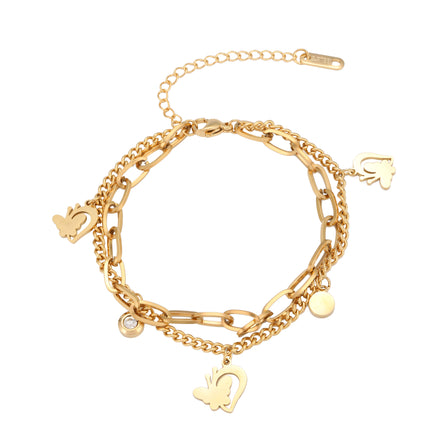 Pulsera Doble Capa De Acero Con Corazón Y Mariposa, Baño De Oro 14K