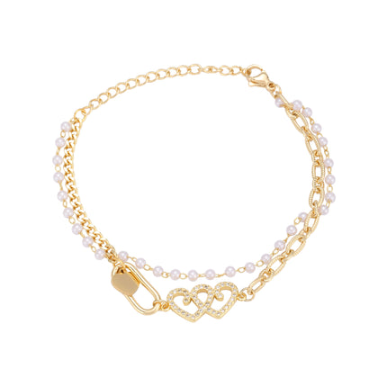 Pulsera Doble Capa Con Corazón Cadena De Perla Artificial Estilo Moderno
