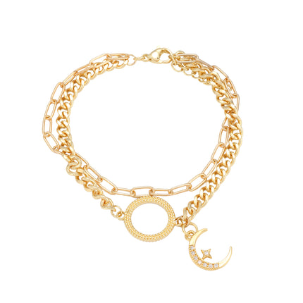 Pulsera De Cadena Con Luna Y Círculo Incrustado De Zirconia Para Mujer