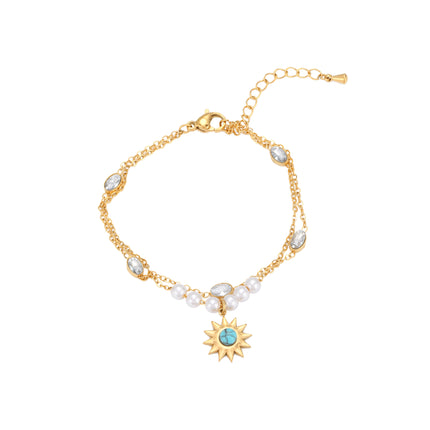Pulsera Doble Con Flores De Sol Y Perlas Con Diamantes Ovalados De Cobre Chapado En Oro 14K
