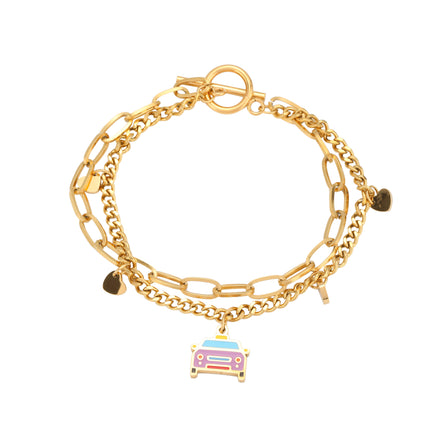 Pulsera De Doble Cadena Con Colgante De Corazón Y Automóvil Colorido