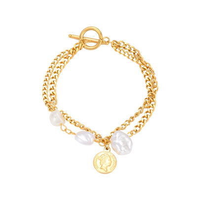 Pulsera De Doble Cadena Con Perlas Y Cierre OT De Cobre Chapado En Oro 14K