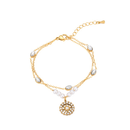Pulsera De Girasol De Doble Capa Con Perlas Y Cristales Ovalados De Cobre Chapado En Oro 14K