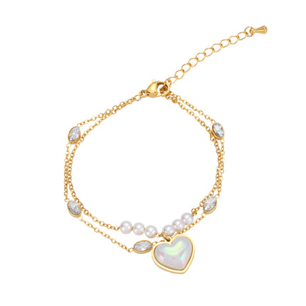 Pulsera Doble Con Corazón De Perlas Y Diamantes Ovalados De Cobre Chapado En Oro 14K