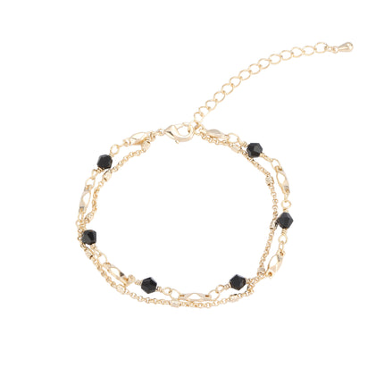 Pulsera De Doble Cadena Con Cristal Negro Y Detalles En Cobre