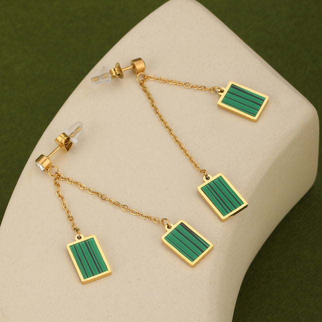 Aretes Largos De Acero Retro Con Diseño De Cuadro Verde Y Rayas