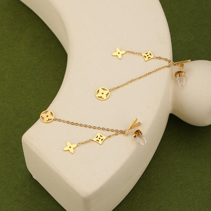 Aretes Largos En Acero De Trébol Hueco Con Flecos, Diseño Dorado