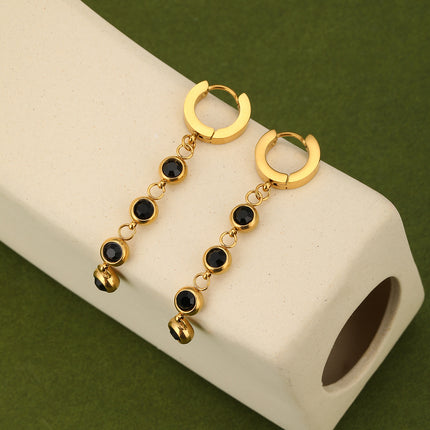 Aretes Largos En Acero Con Circonita Negra Diseño Clásico