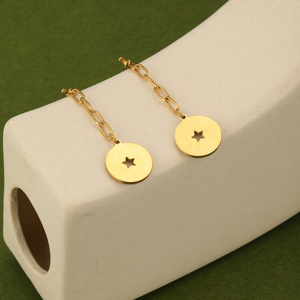 Aretes Largos De Acero Retro Con Colgante De Estrella De Cinco Puntas