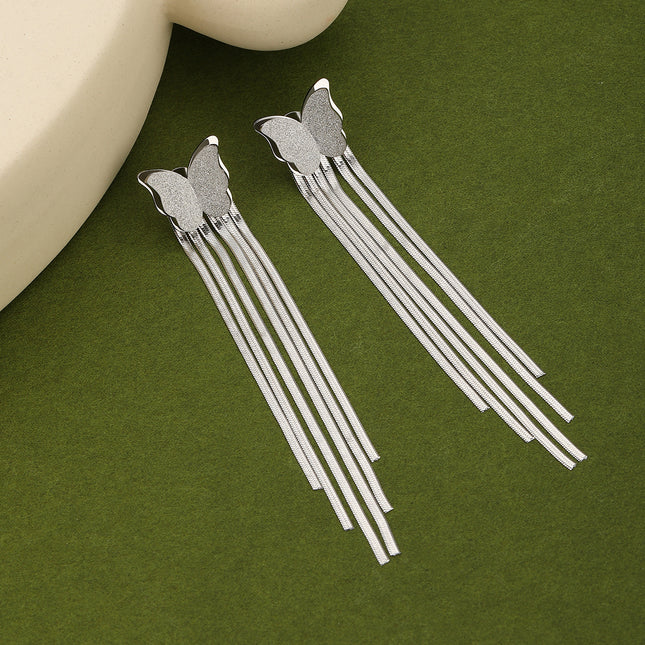 Aretes De Mariposa Plateada Con Flecos Largos, Diseño Metálico En Acero