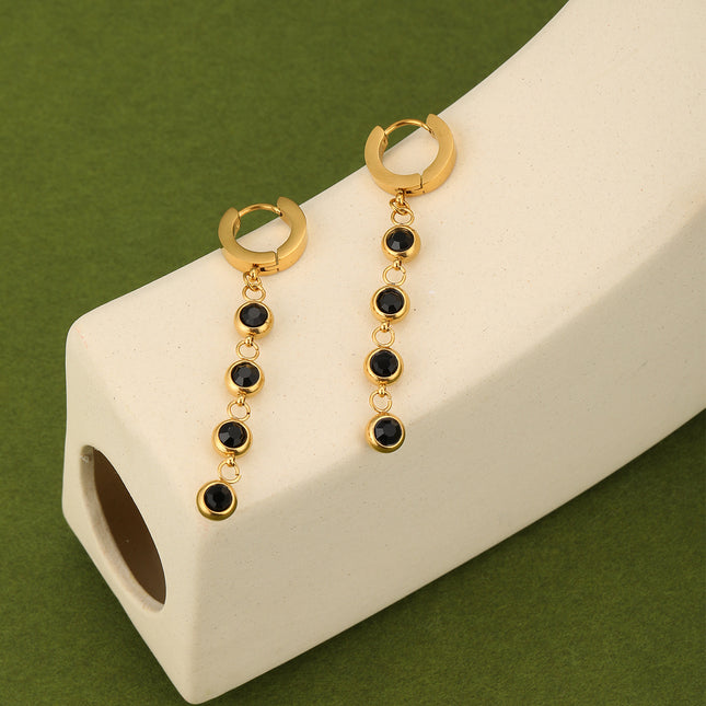 Aretes Largos En Acero Con Circonita Negra Diseño Clásico