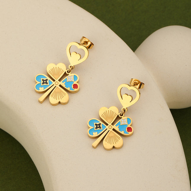 Aretes Largos Con Trébol De Cuatro Hojas Con Colores Contrastantes