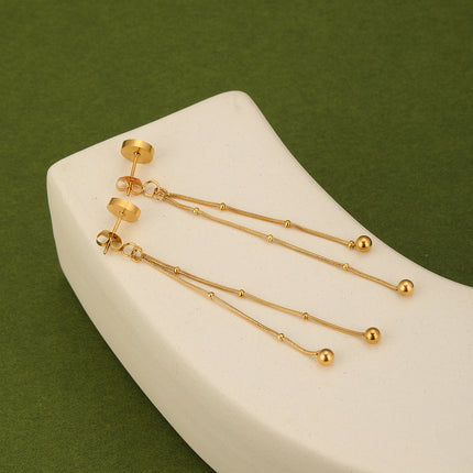 Aretes De Largos Flecos Dorados, Estilo Elegante En Acero Con Baño De 14K
