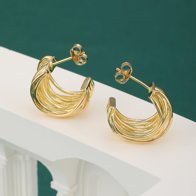 Aretes Geométricos Retro C-Shape Con Diseño Envolvente En Oro De 14K