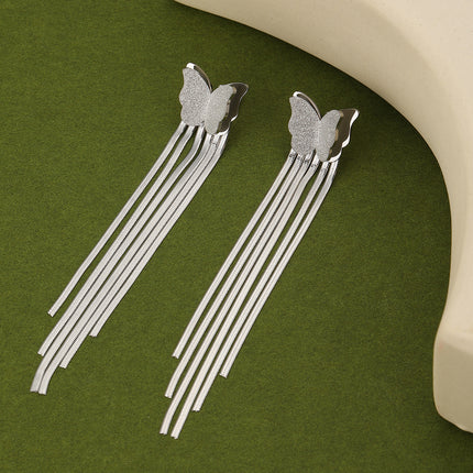 Aretes De Mariposa Plateada Con Flecos Largos, Diseño Metálico En Acero