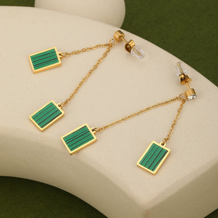Aretes Largos De Acero Retro Con Diseño De Cuadro Verde Y Rayas