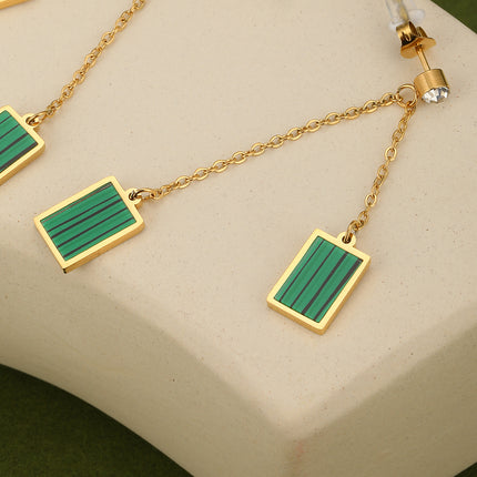 Aretes Largos De Acero Retro Con Diseño De Cuadro Verde Y Rayas