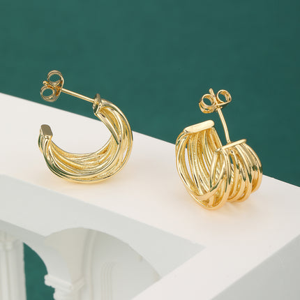 Aretes Geométricos Retro C-Shape Con Diseño Envolvente En Oro De 14K