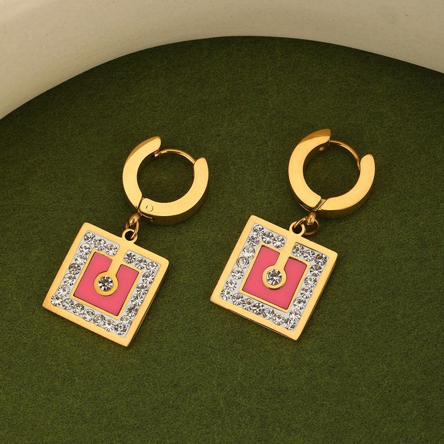 Aretes Con Colgante Cuadrado Incrustado De Circón Brillantes En Acero