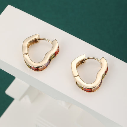 Aretes De Corazón Con Zirconia Multicolor En Cobre, Diseño Elegante