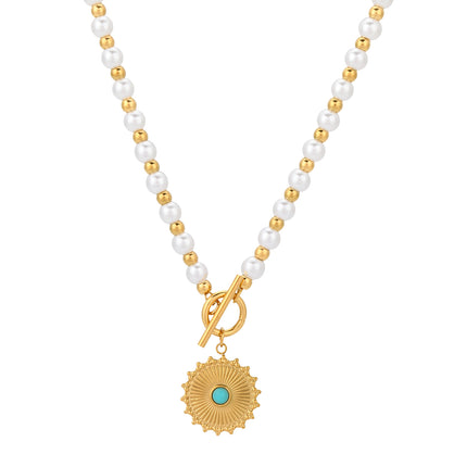 Collar De Perlas Y Bolas Con Colgante De Sol En Forma De Flor De Diseño Único