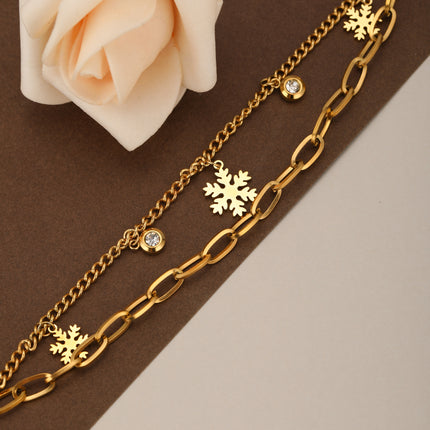 Pulsera Doble Capa Dorada  Con Colgante De Copo De Nieve, En Acero