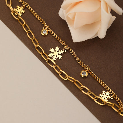 Pulsera Doble Capa Dorada  Con Colgante De Copo De Nieve, En Acero