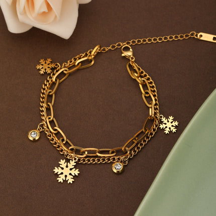 Pulsera Doble Capa Dorada  Con Colgante De Copo De Nieve, En Acero