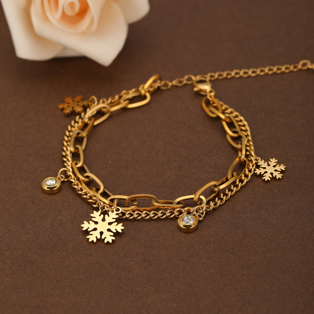 Pulsera Doble Capa Dorada  Con Colgante De Copo De Nieve, En Acero