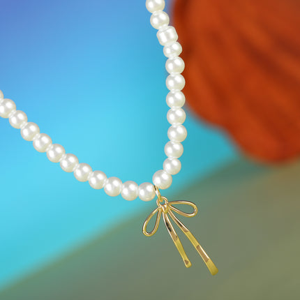 Collar De Cuentas De Perlas De Lujo Leve Con Lazo De Cobre Elegante De Moda