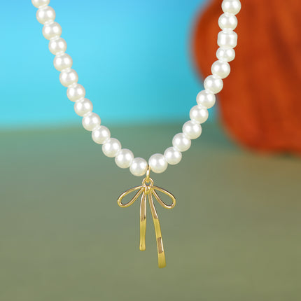 Collar De Cuentas De Perlas De Lujo Leve Con Lazo De Cobre Elegante De Moda
