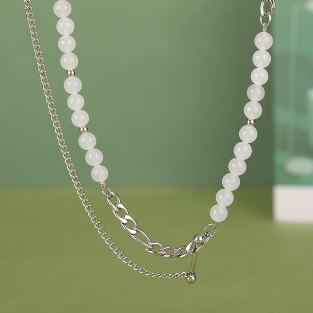 Collar De Doble Capa De Cadena De Cuentas De Perla De Lujo Y Acero Inoxidable Ligero De Moda