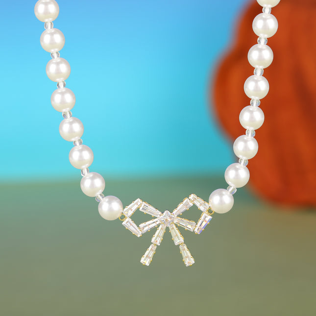 Collar De Perlas Con Colgante De Lazo De Cobre Elegante De Cadena De Clavícula