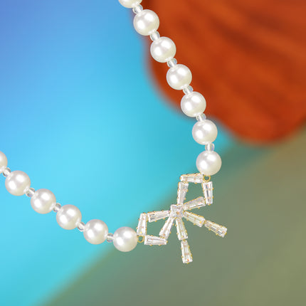 Collar De Perlas Con Colgante De Lazo De Cobre Elegante De Cadena De Clavícula
