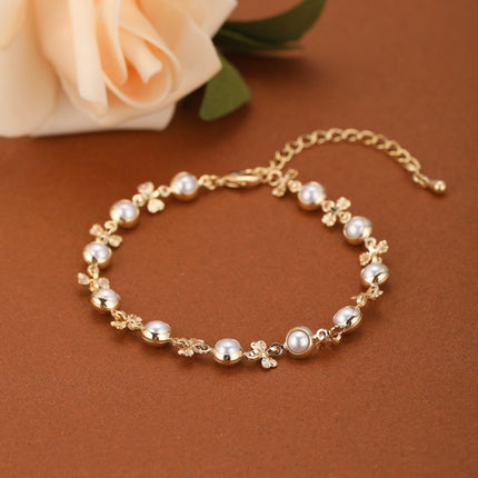 Pulsera De Cadena Con Hojas Y Perlas Sintéticas Enlazadas Para Mujer