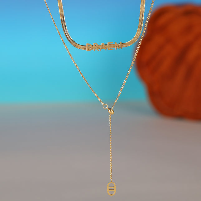 Collar De Doble Capa De Cadena Plana Ajustable De Serpiente Con Letras De DREAM Y Doble D