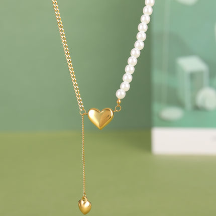 Collar De Cadena De Media Acero Inoxidable Media De Perlas Con Colgante De Corazón Tridimensional