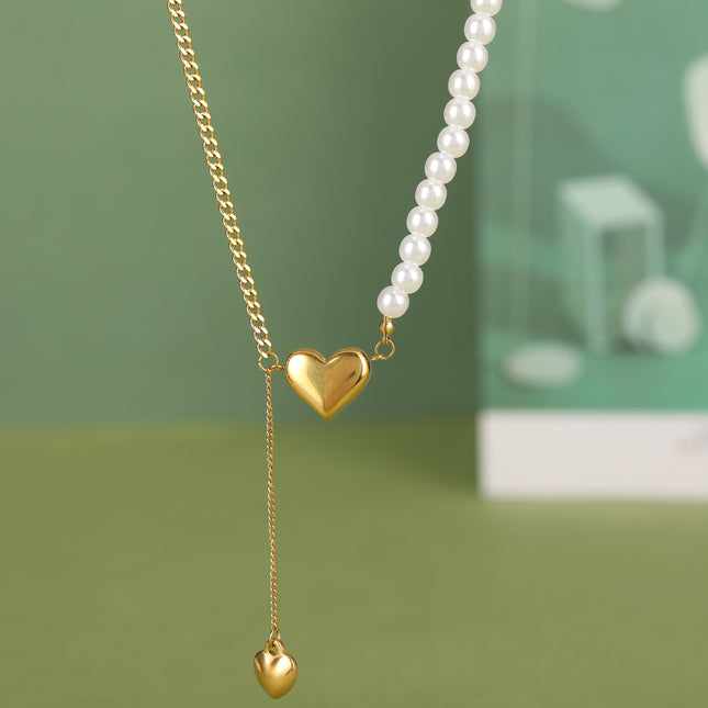 Collar De Cadena De Media Acero Inoxidable Media De Perlas Con Colgante De Corazón Tridimensional