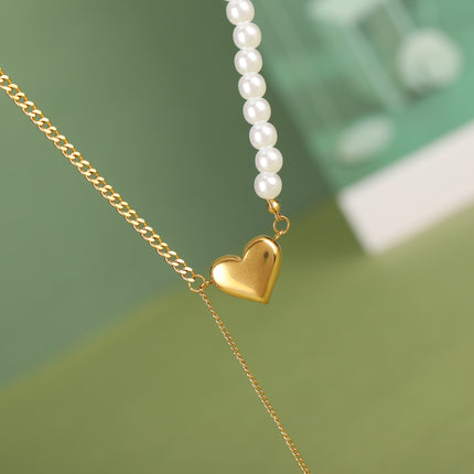 Collar De Cadena De Media Acero Inoxidable Media De Perlas Con Colgante De Corazón Tridimensional
