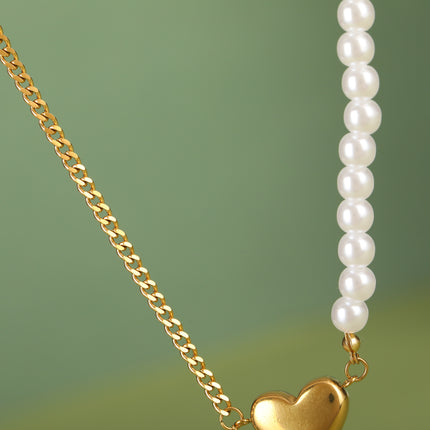 Collar De Cadena De Media Acero Inoxidable Media De Perlas Con Colgante De Corazón Tridimensional
