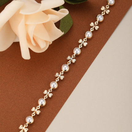 Pulsera De Cadena Con Hojas Y Perlas Sintéticas Enlazadas Para Mujer
