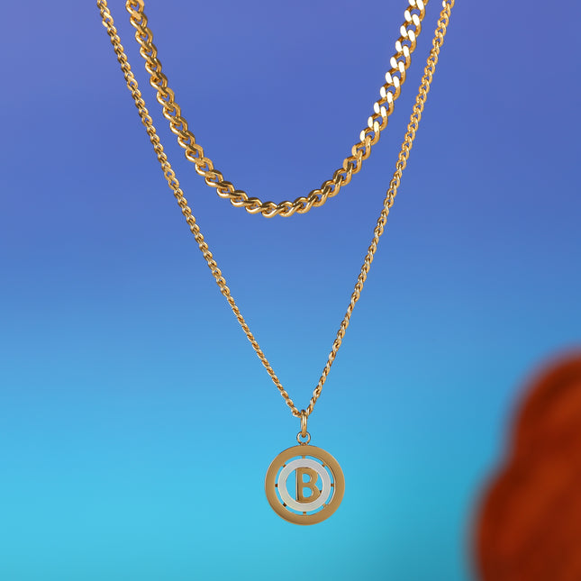 Collar De Cadena Plana De Doble Capa Con Colgante De Concha Redonda Con B Interior