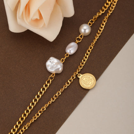 Pulsera De Doble Cadena Con Perlas Y Cierre OT De Cobre Chapado En Oro 14K