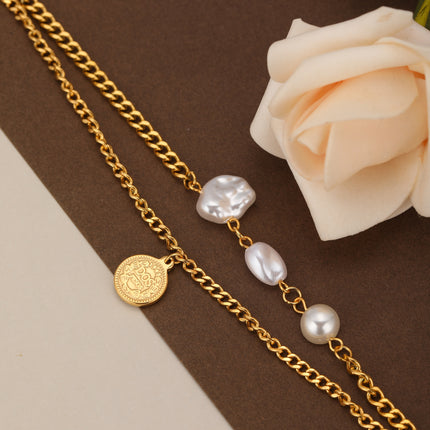 Pulsera De Doble Cadena Con Perlas Y Cierre OT De Cobre Chapado En Oro 14K